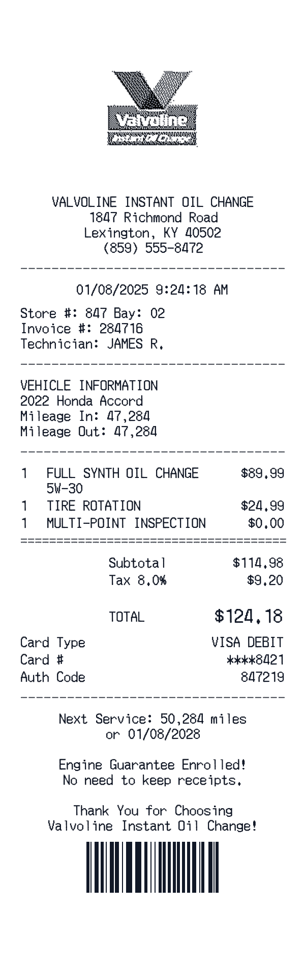Valvoline receipt preview