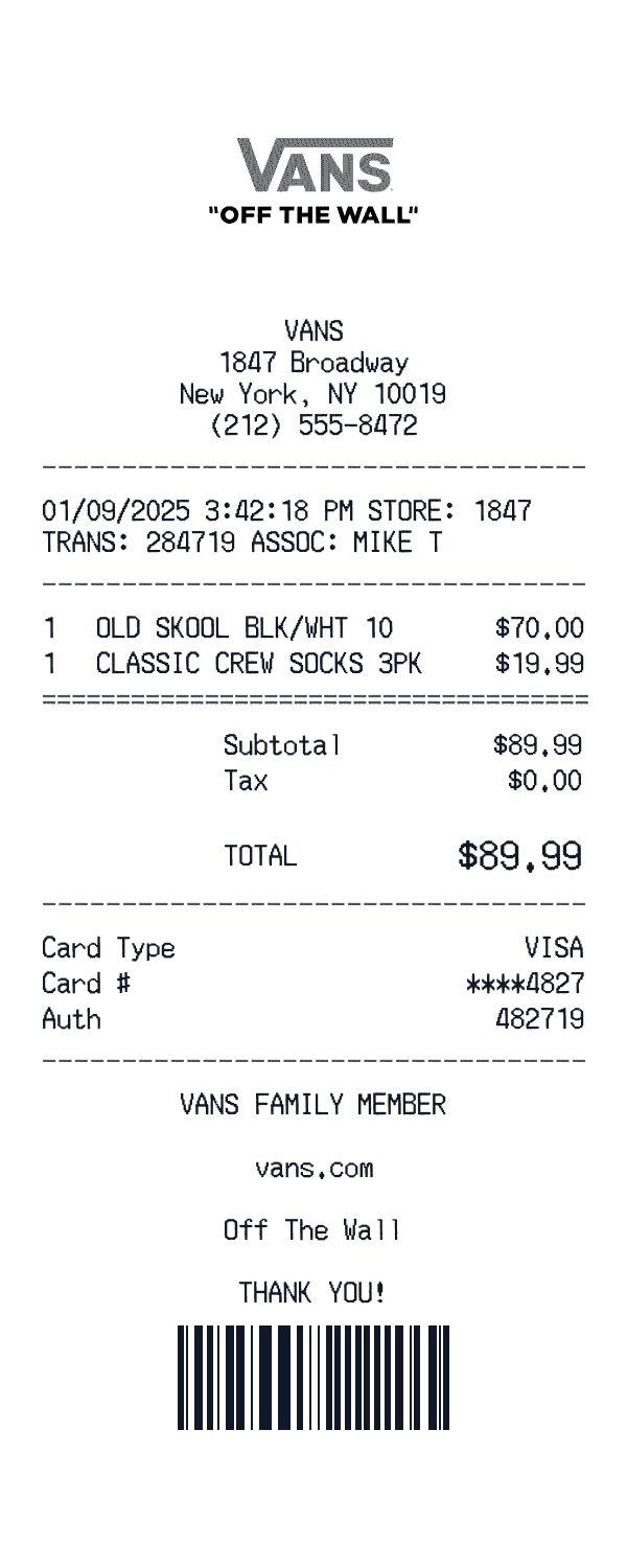 Vans receipt preview