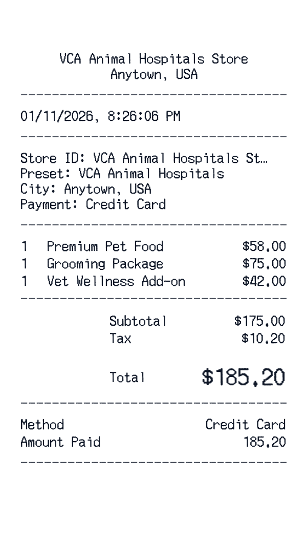 VCA Animal Hospitals receipt template example - pet care receipt with itemized details, prices, and payment information