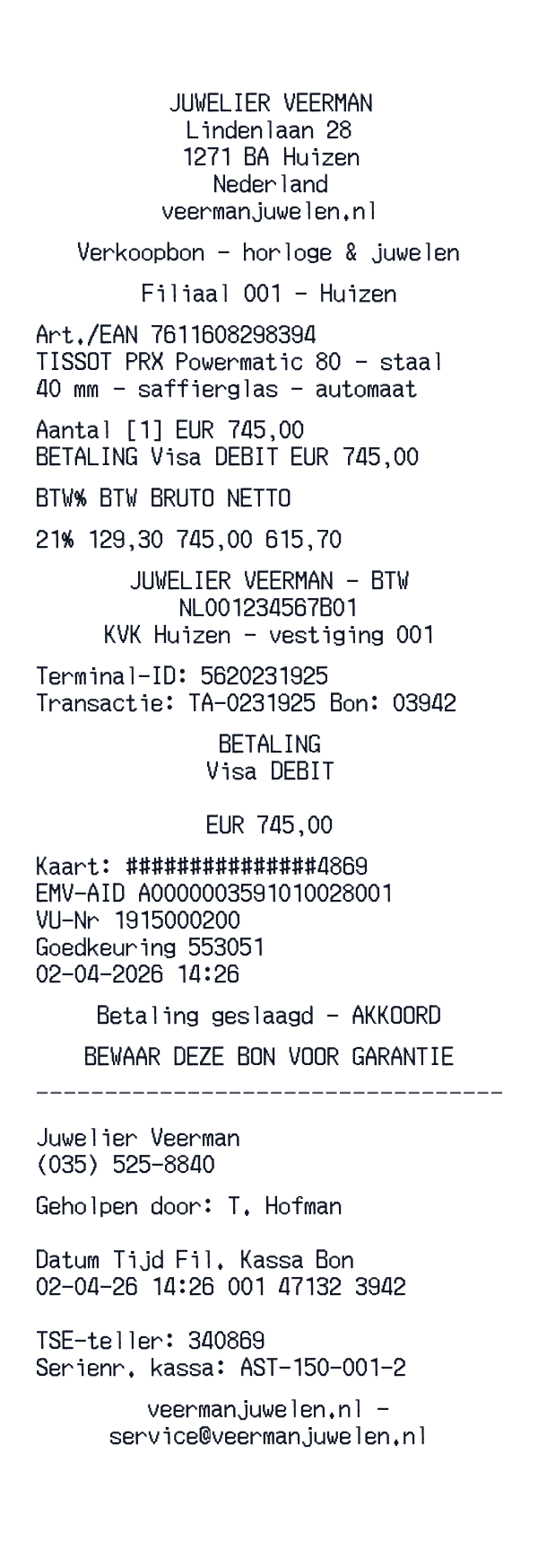 Veerman Juwelen Receipt receipt template generator preview