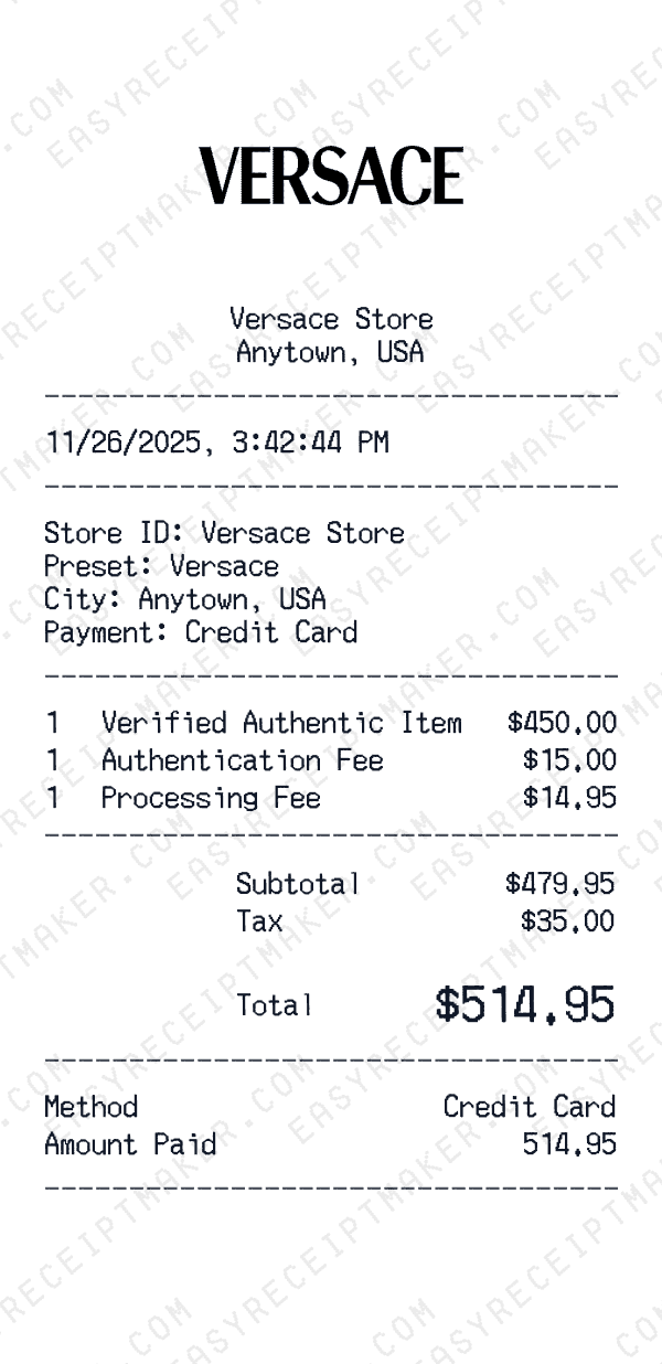 Versace receipt preview