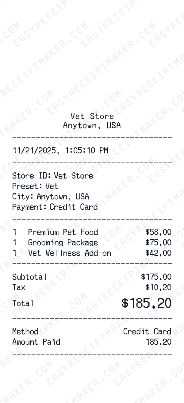 Vet receipt template generator preview
