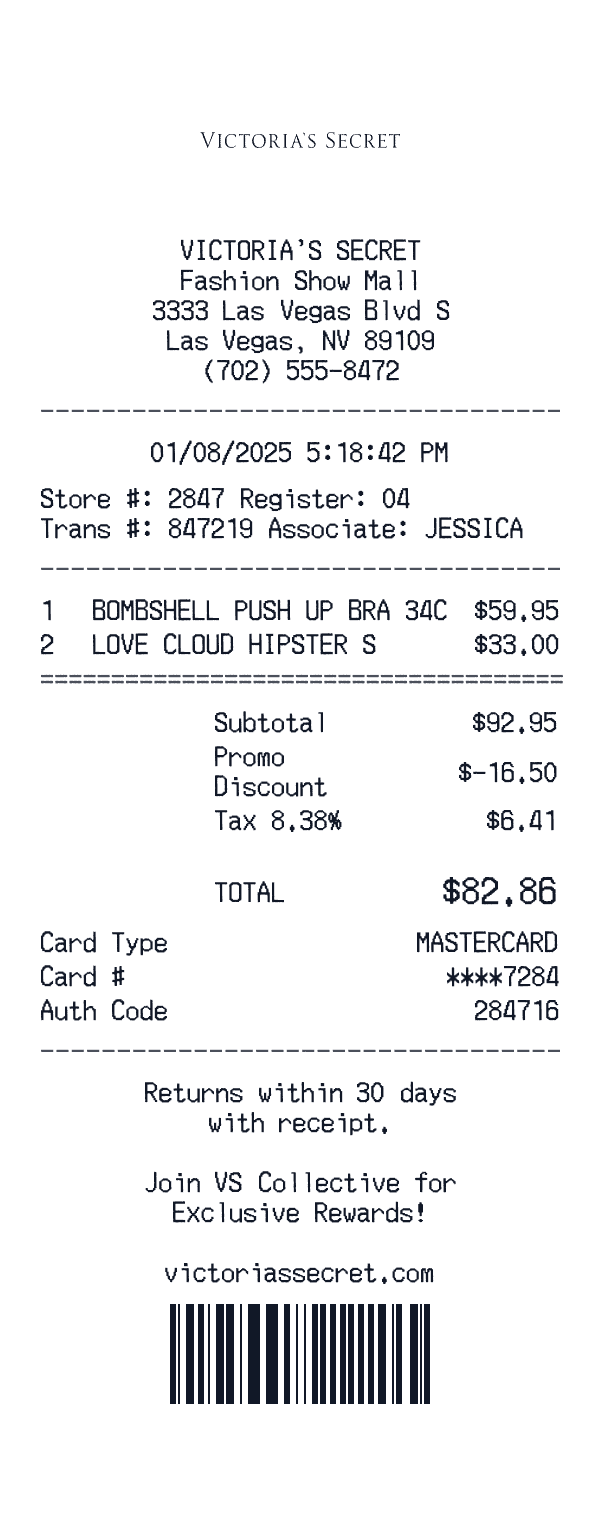 Victoria's Secret receipt preview