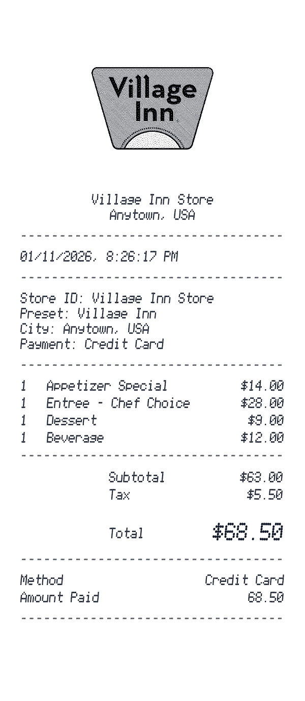 Village Inn receipt preview