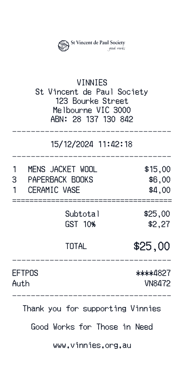 Vinnies receipt preview