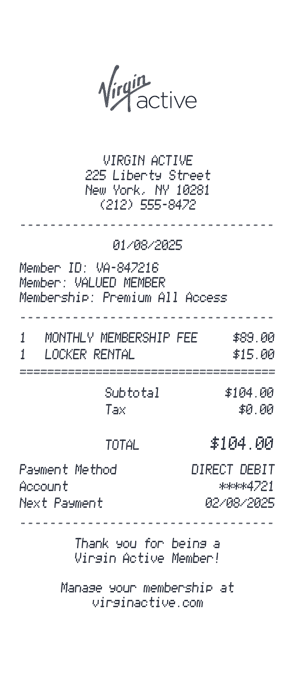 Virgin Active receipt preview