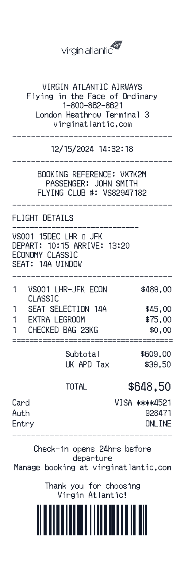 Virgin Atlantic receipt template example