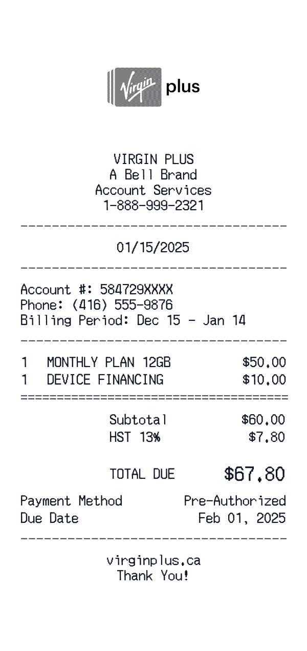 Virgin Plus receipt template example - other receipt with itemized details, prices, and payment information