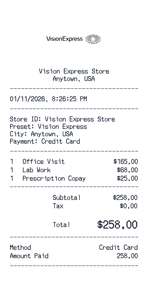 Vision Express receipt template example - healthcare receipt with itemized details, prices, and payment information