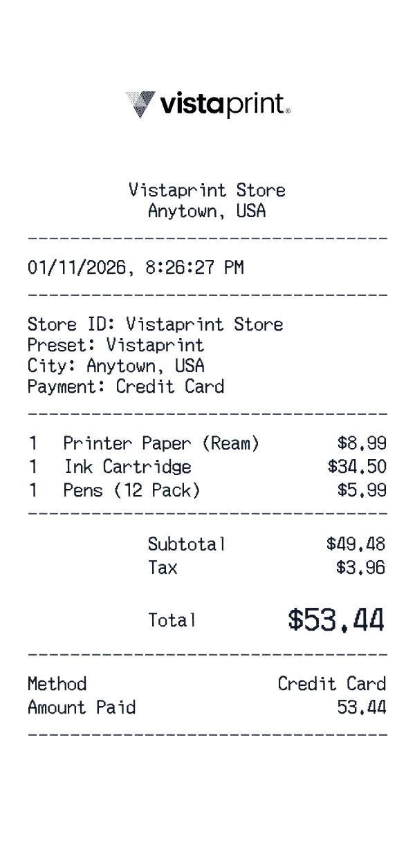 Vistaprint receipt preview
