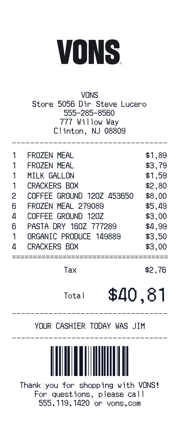 Vons receipt template