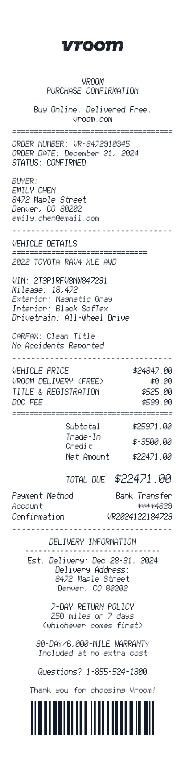 Vroom receipt preview
