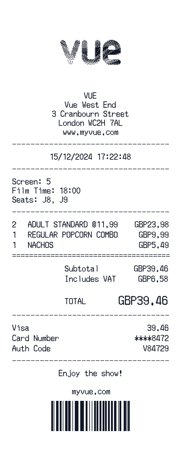 Vue Cinemas receipt preview
