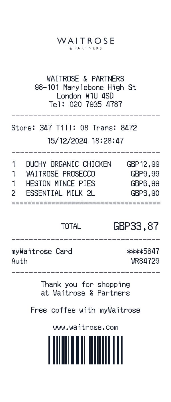 Waitrose receipt preview