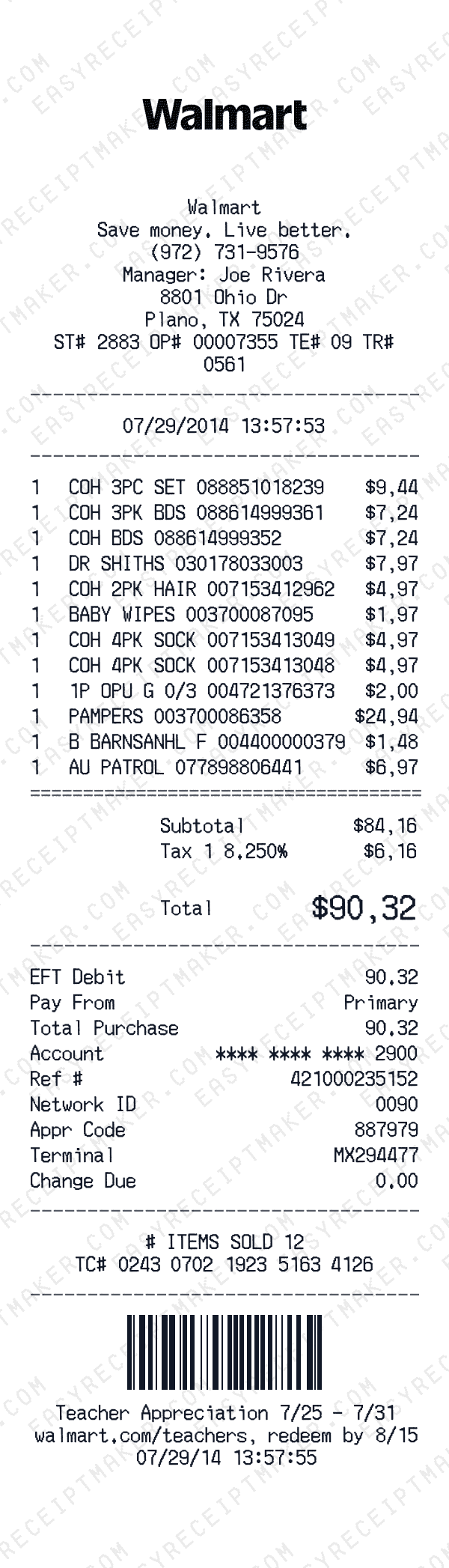 Walmart receipt template