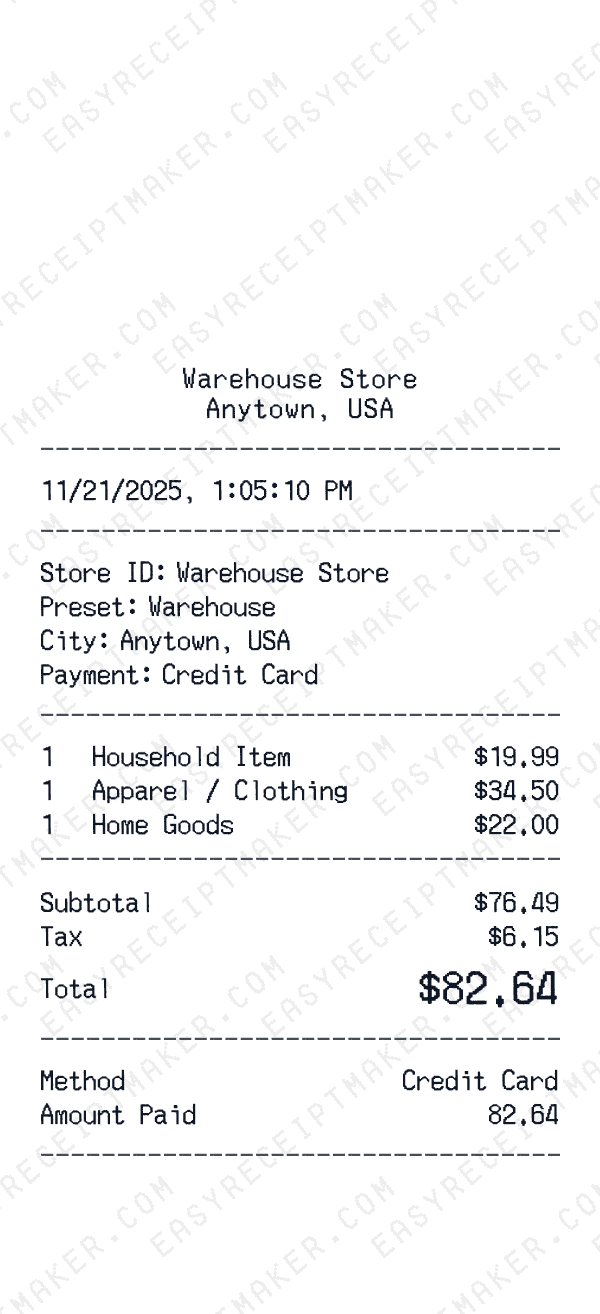Warehouse receipt template generator preview