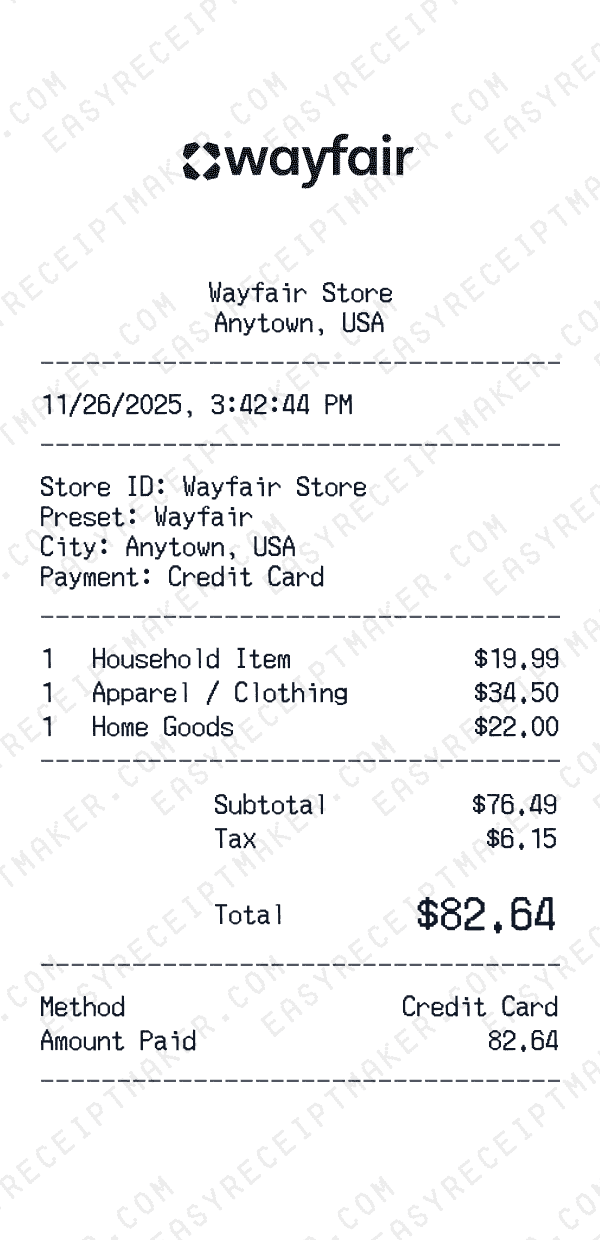 Wayfair receipt preview