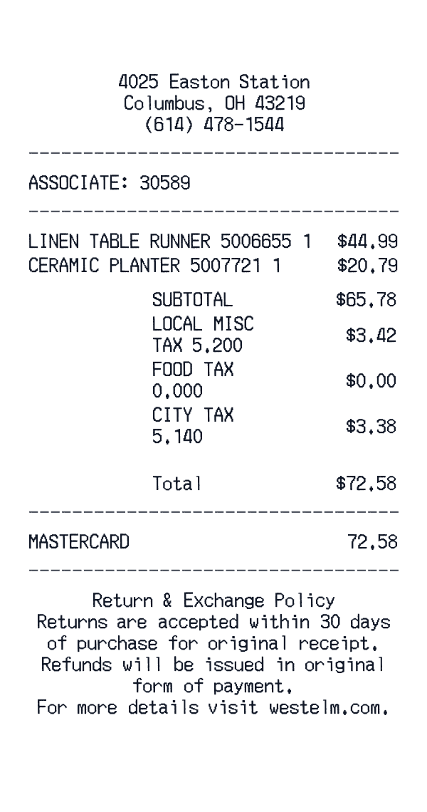 West Elm receipt template generator preview