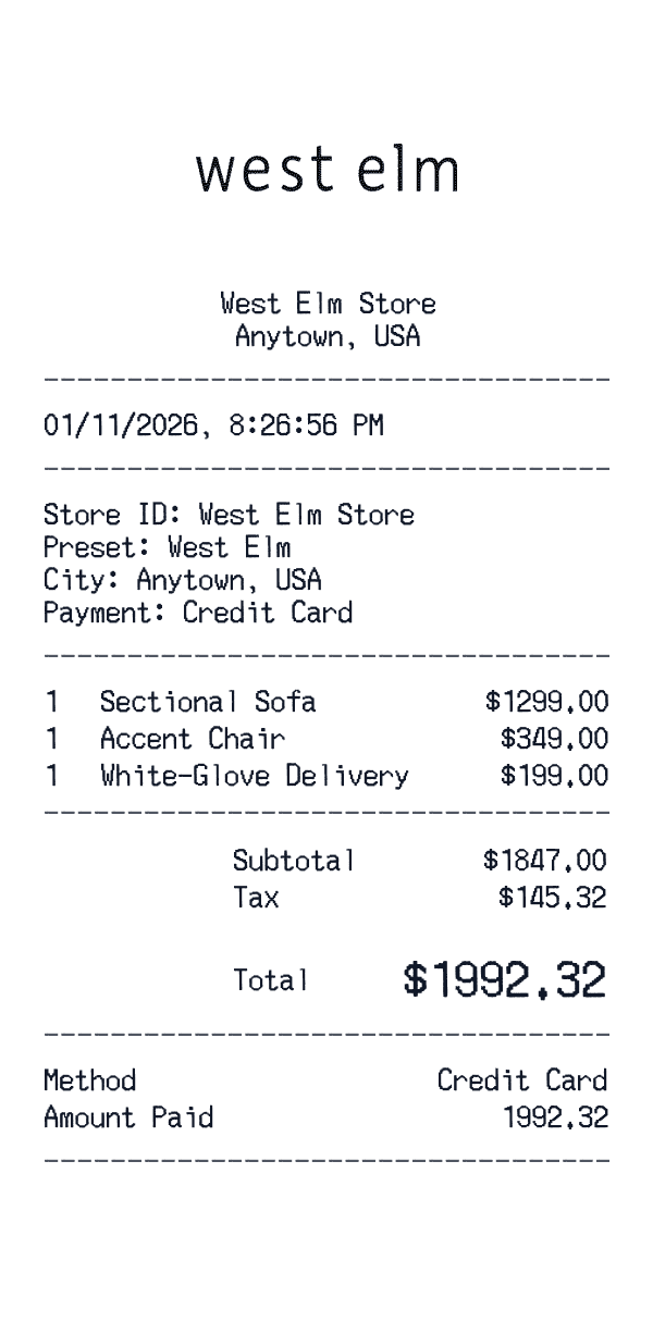 West Elm receipt preview