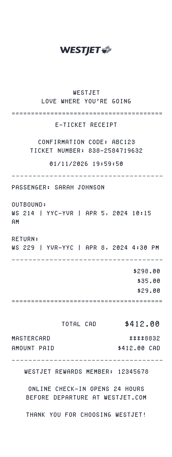 WestJet receipt template example - airline receipt with itemized details, prices, and payment information