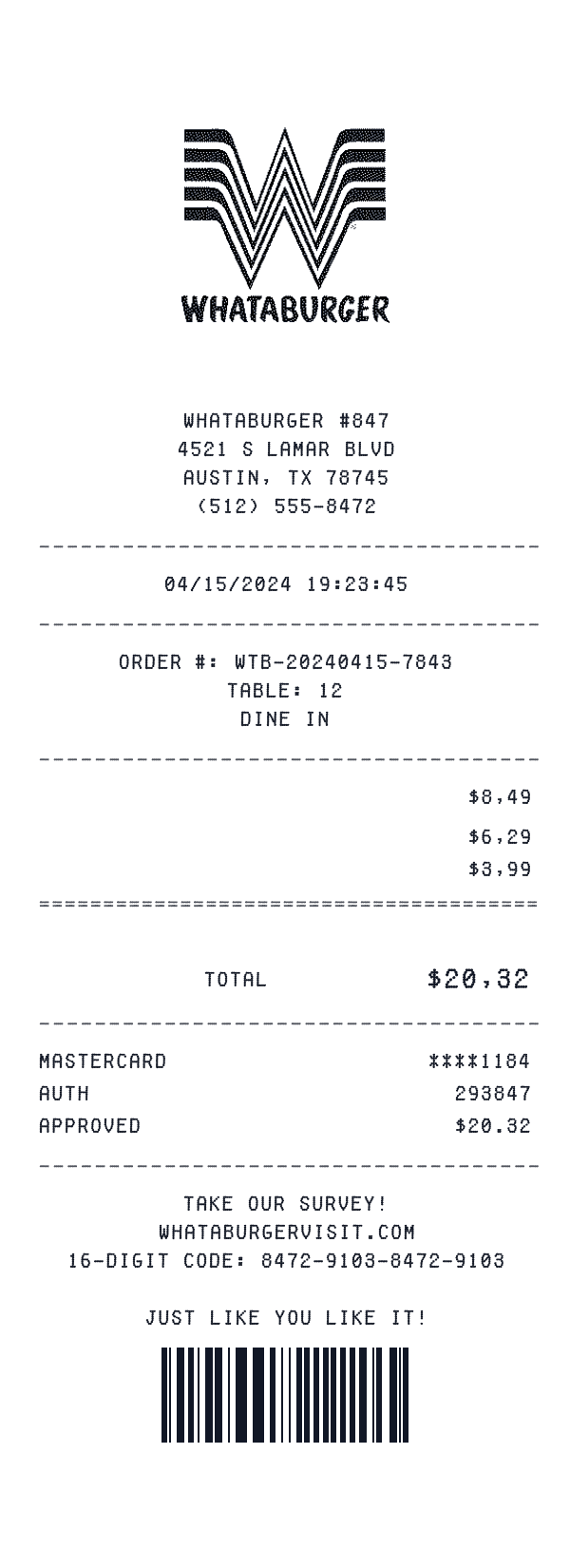 Whataburger receipt preview