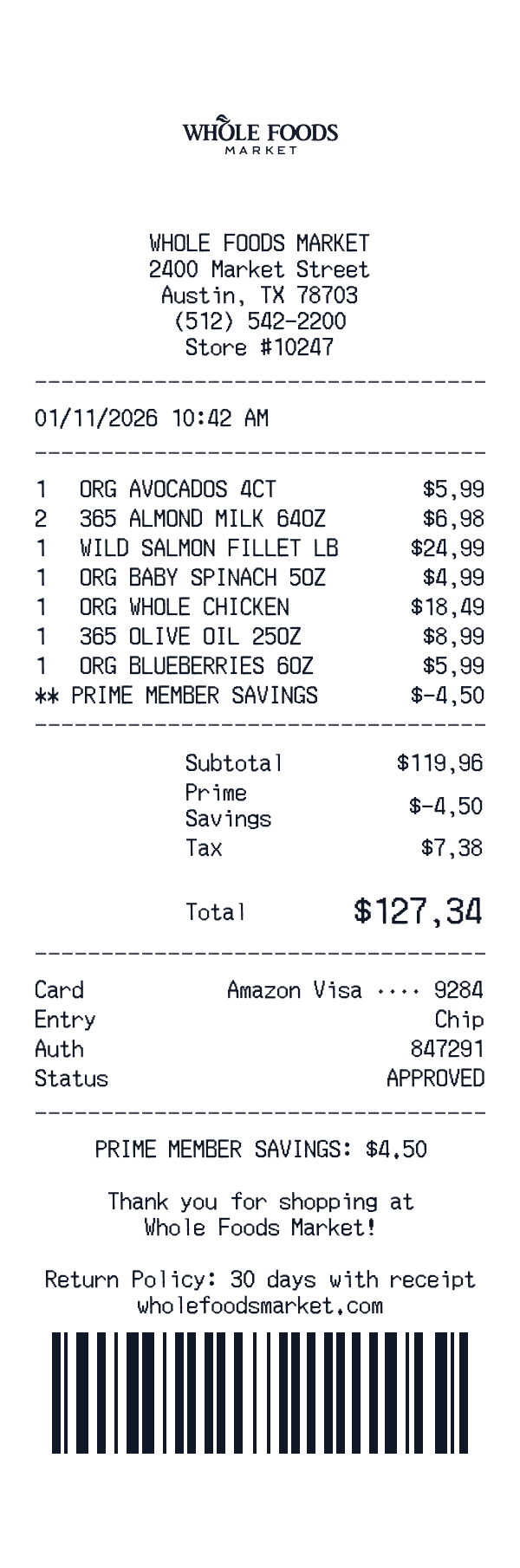 Whole Foods Market receipt preview