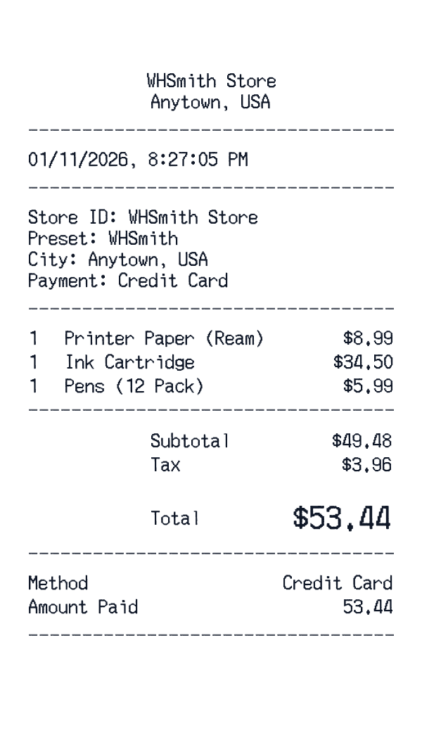 WHSmith receipt template example - office receipt with itemized details, prices, and payment information