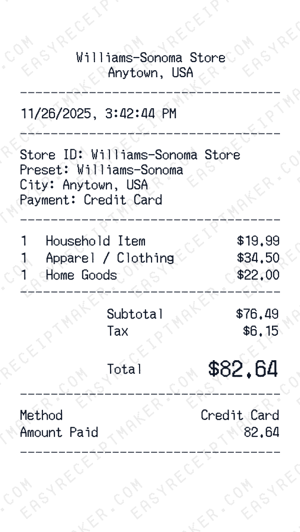 Williams-Sonoma receipt preview