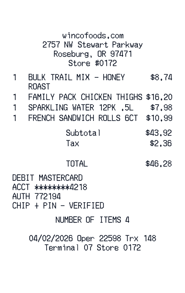 WinCo Foods receipt template generator preview