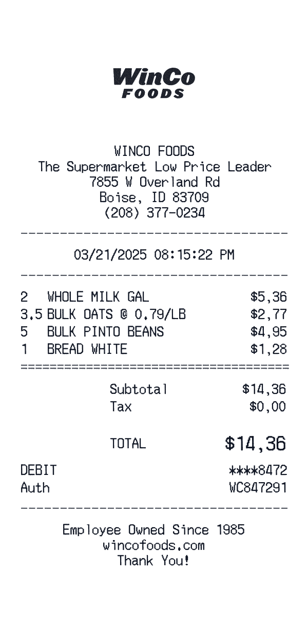 WinCo Foods receipt preview