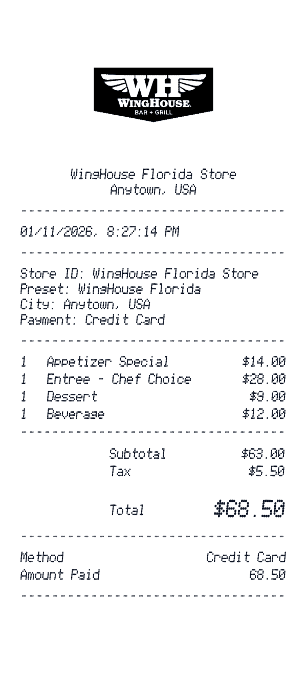 WingHouse Florida receipt preview