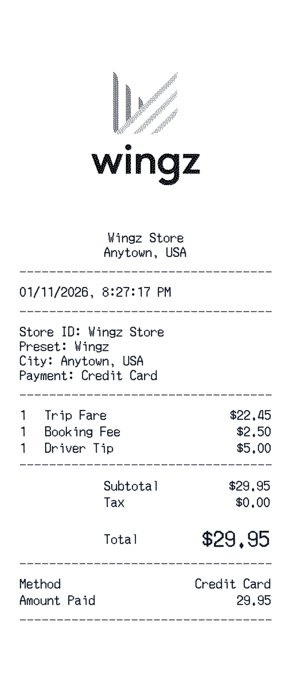 Wingz receipt template example - rideshare receipt with itemized details, prices, and payment information