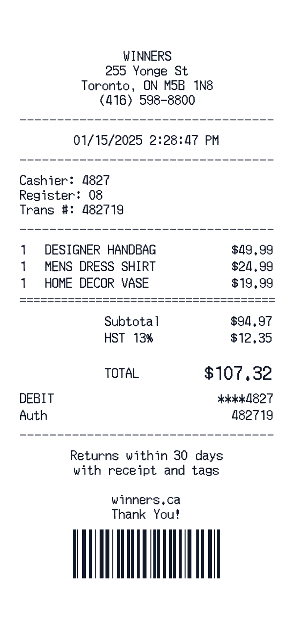 Winners receipt template example - retail receipt with itemized details, prices, and payment information