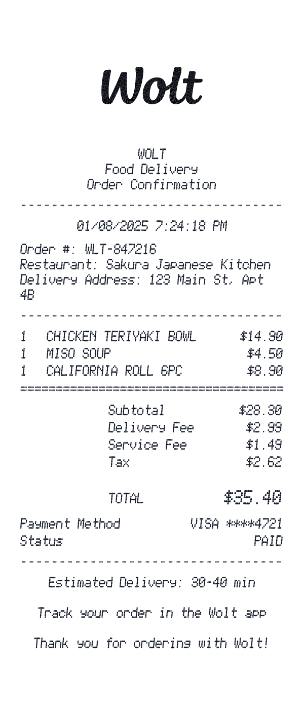 Wolt receipt template example - food delivery receipt with itemized details, prices, and payment information