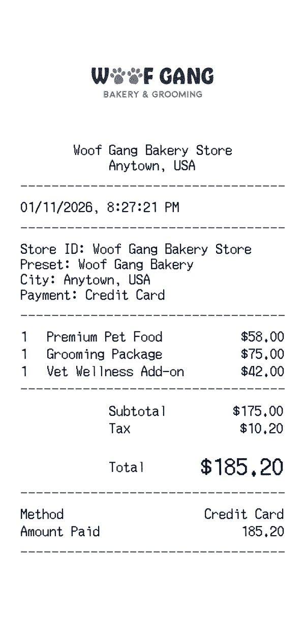 Woof Gang Bakery receipt preview