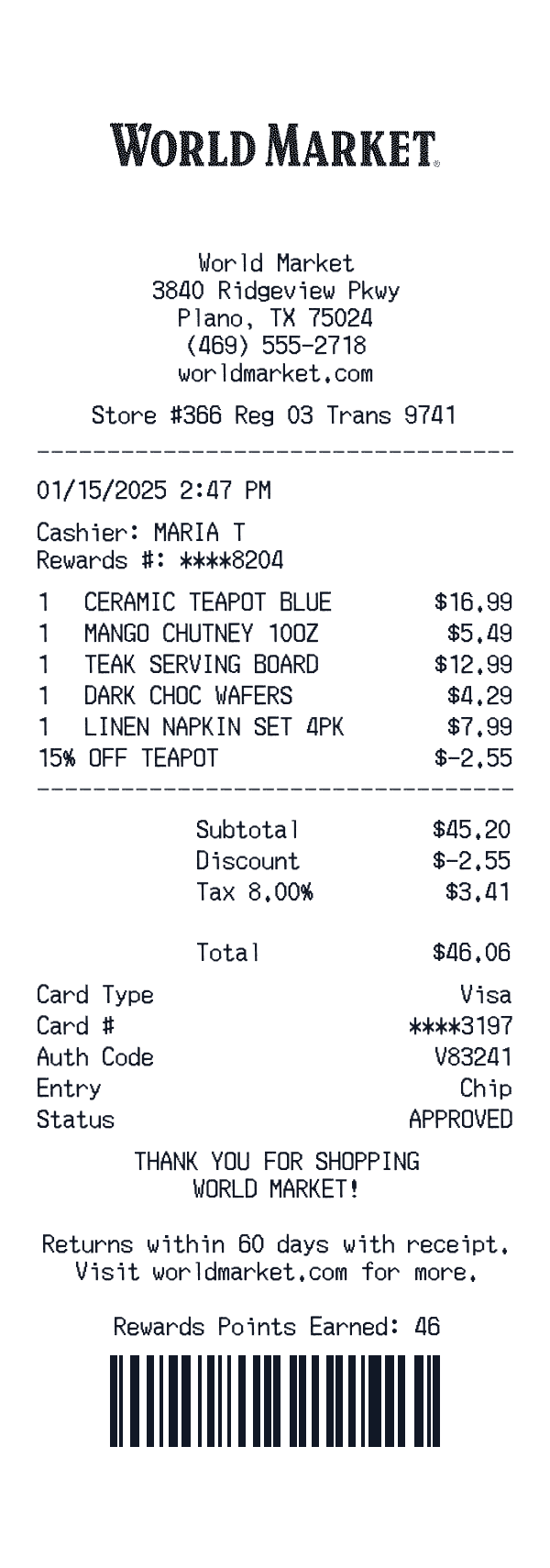 World Market receipt template generator preview