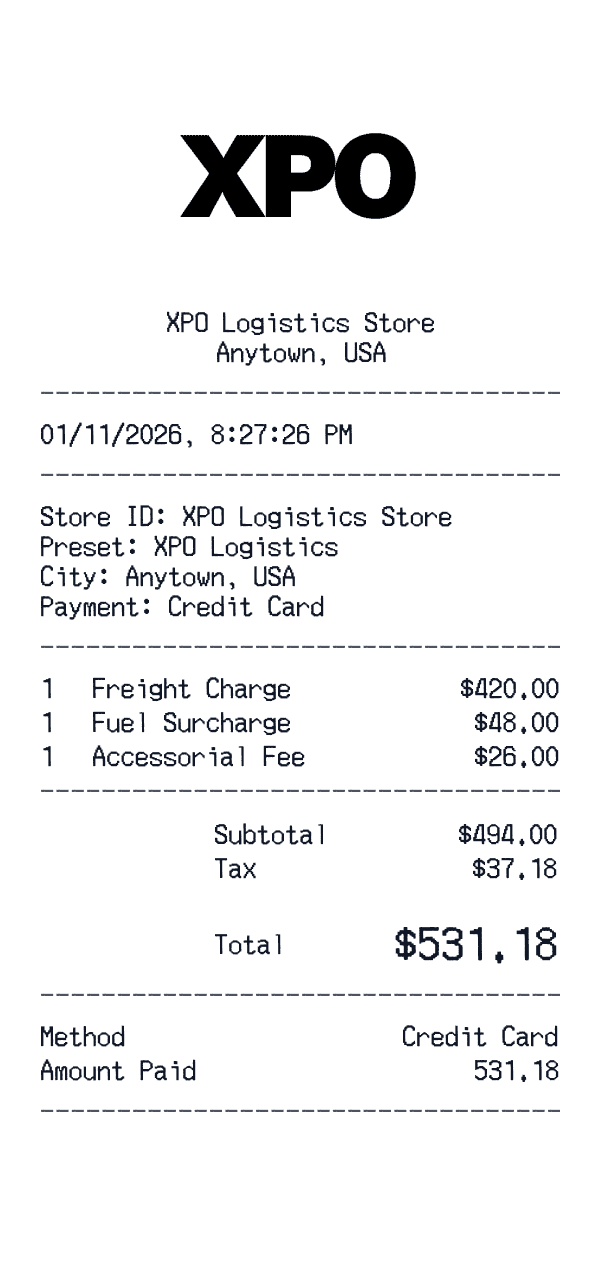 XPO Logistics receipt template example - logistics / shipping receipt with itemized details, prices, and payment information