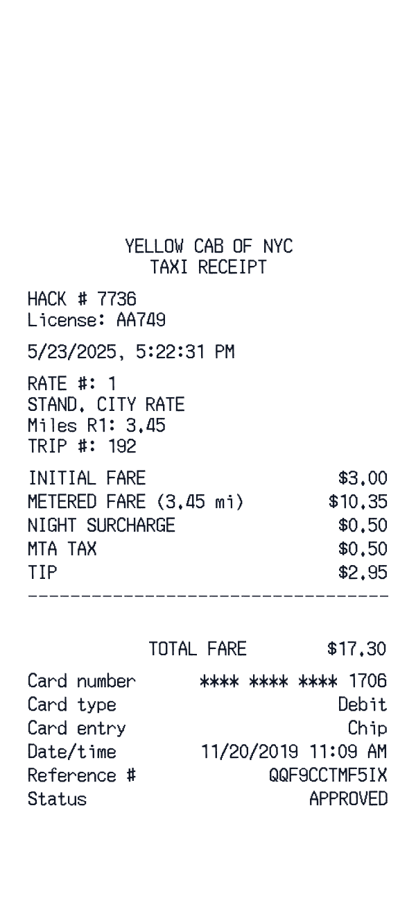 Yellow Cab NYC receipt template