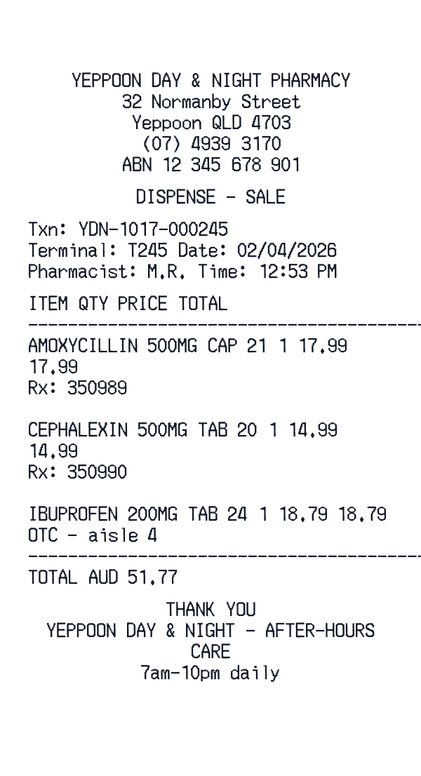 Yeppoon Day & Night Pharmacy receipt template generator preview