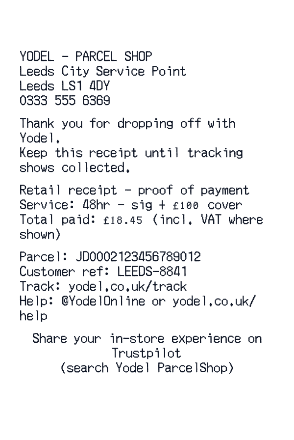Yodel Parcel receipt template generator preview