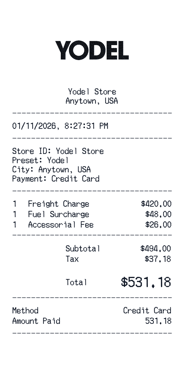 Yodel receipt template example - logistics / shipping receipt with itemized details, prices, and payment information