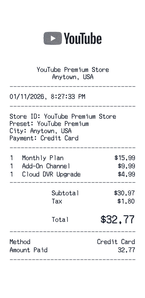 YouTube Premium receipt preview