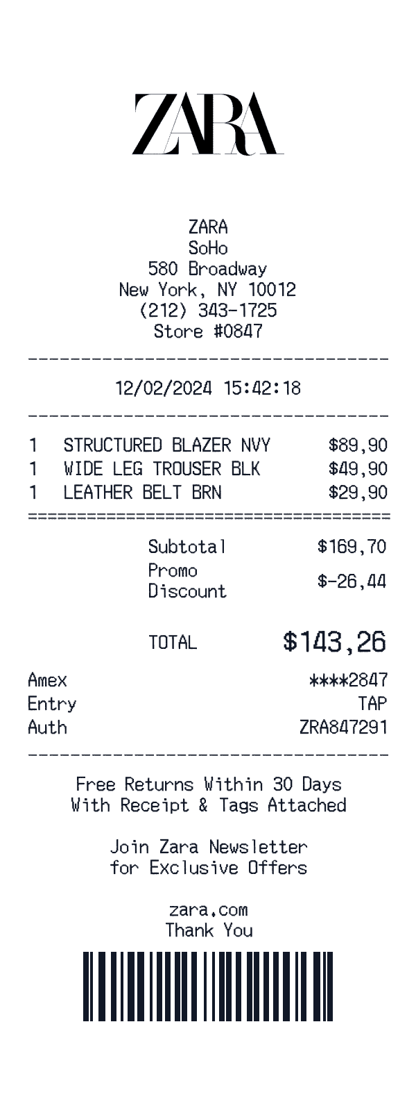Zara receipt template