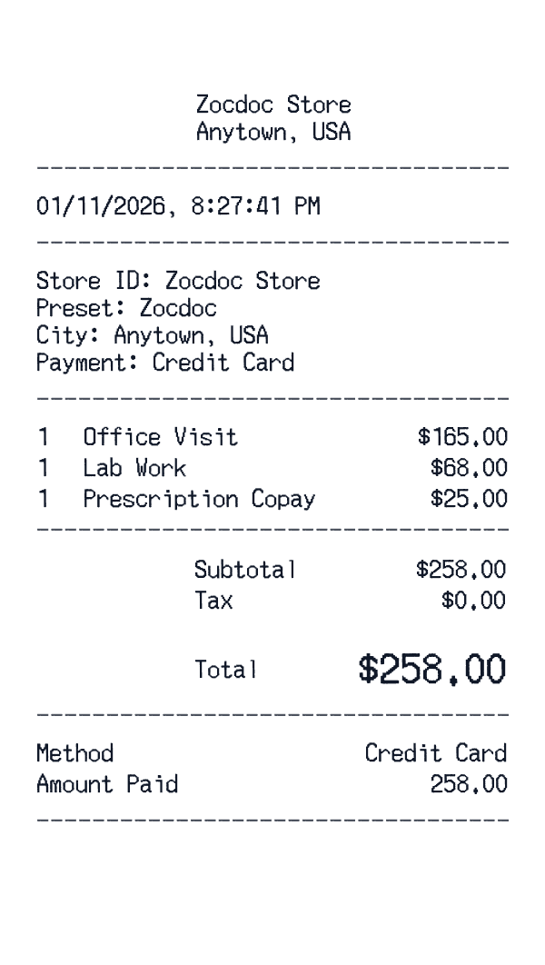 Zocdoc receipt preview
