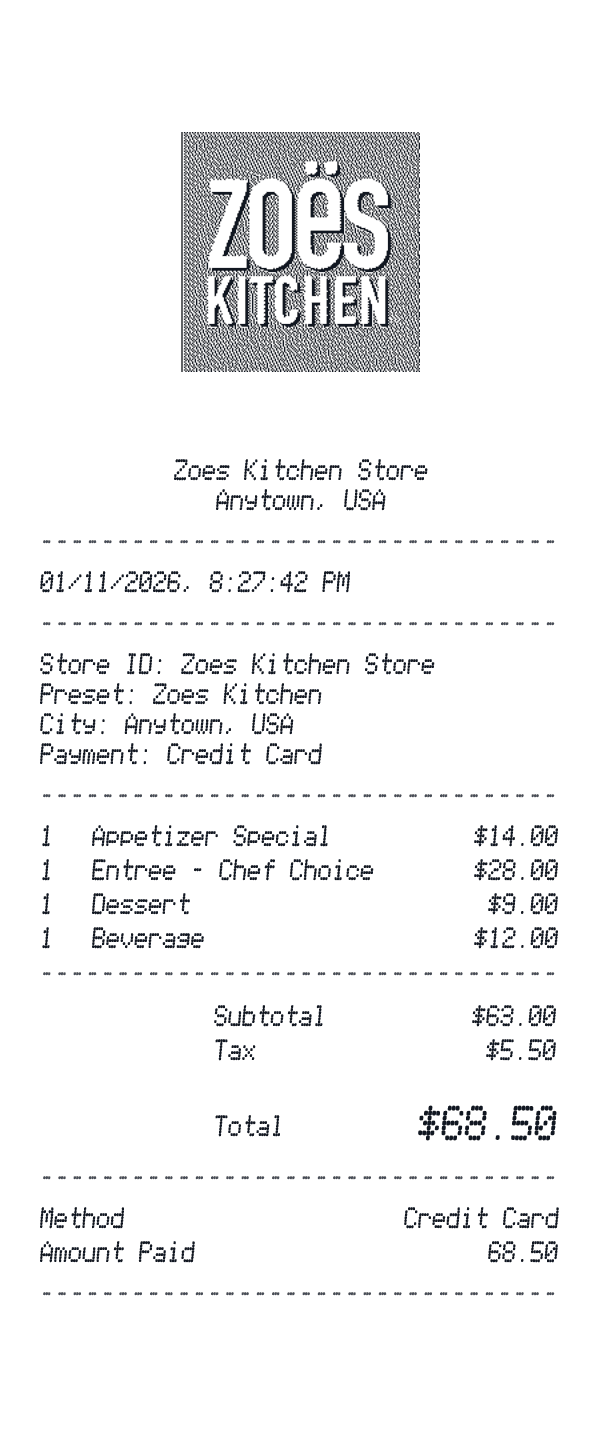 Zoes Kitchen receipt preview