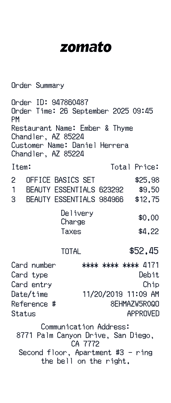 Zomato receipt preview