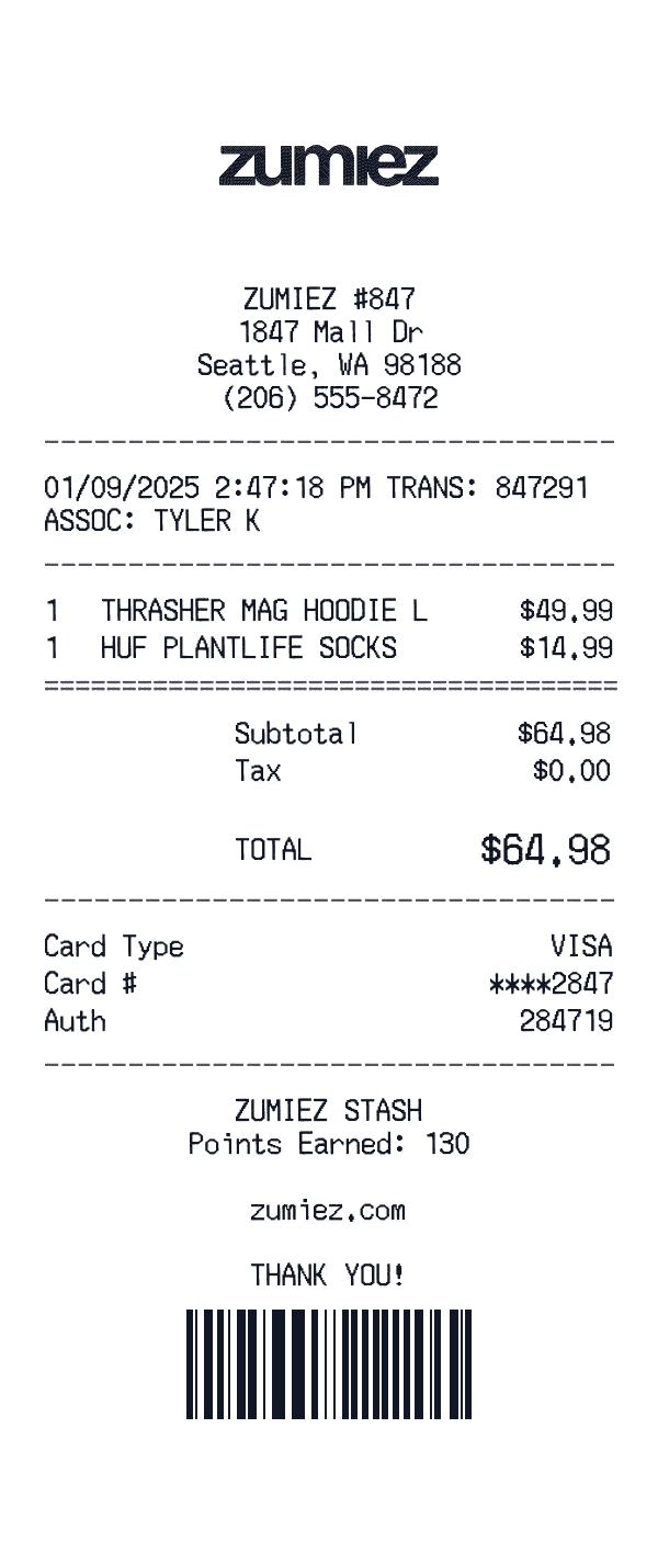 Zumiez receipt preview