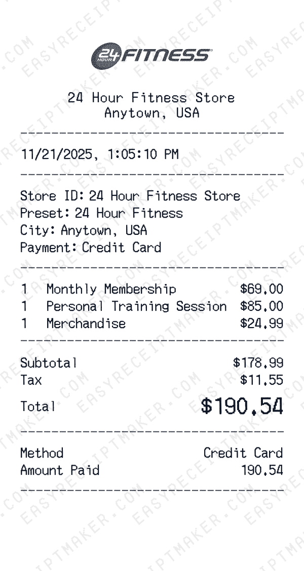 24 Hour Fitness receipt preview