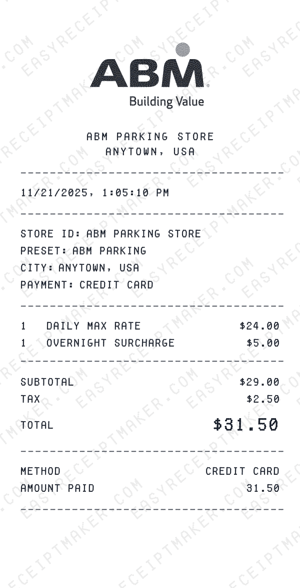 ABM Parking receipt preview