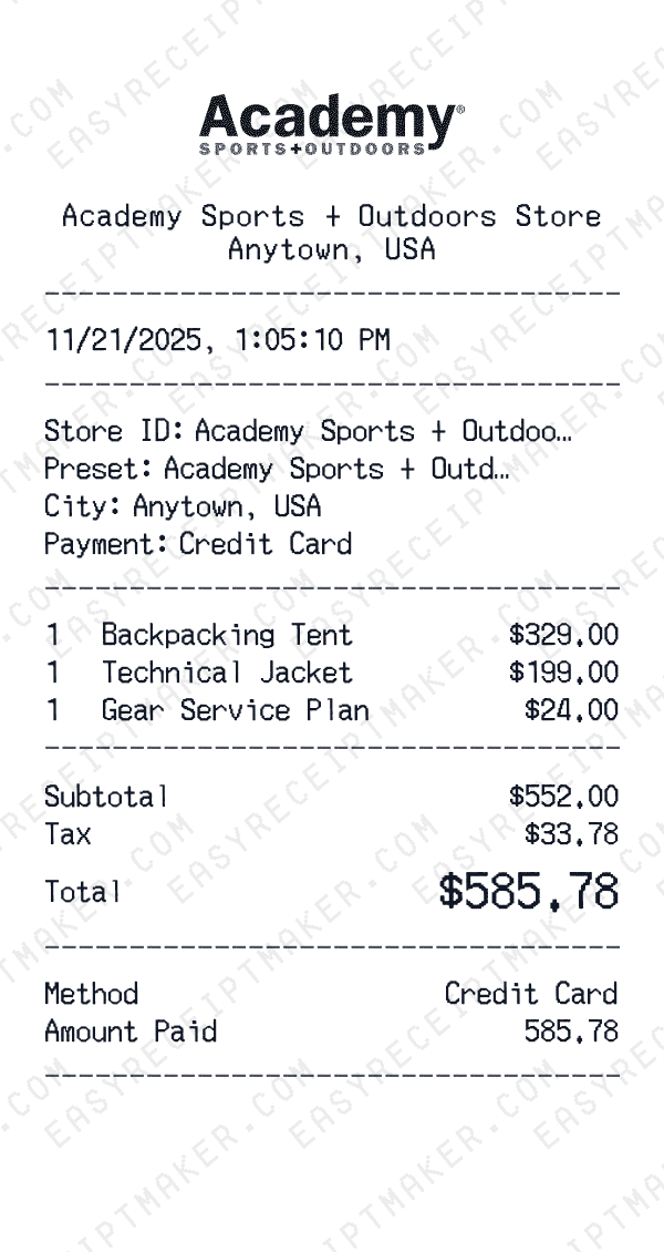 Academy Sports + Outdoors receipt preview